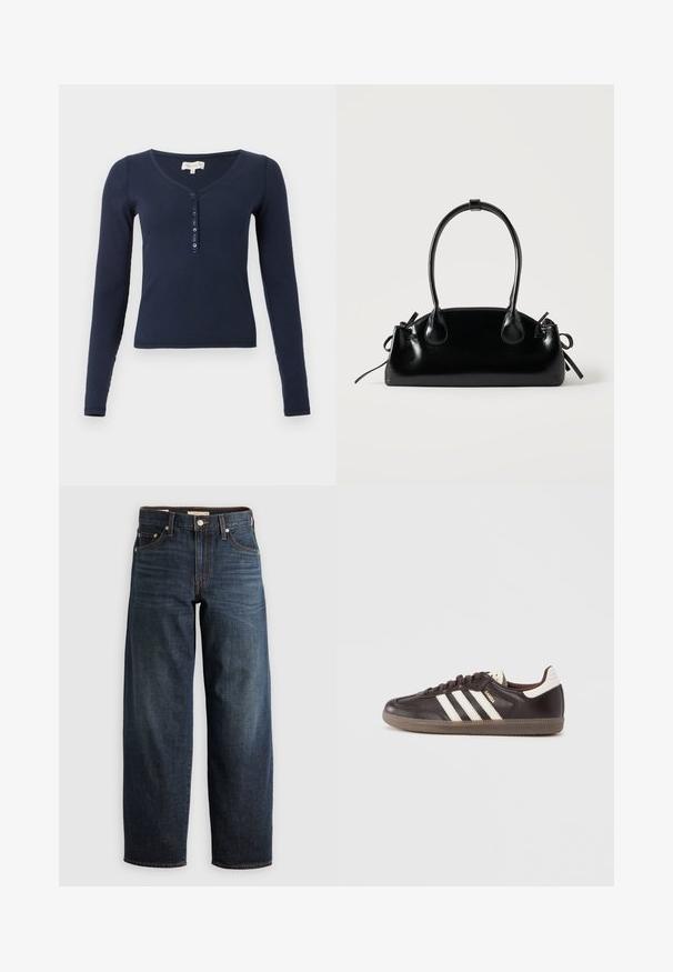 Camiseta azul marino de manga larga con canalé, cuello en V y tapeta con cuatro botones en la parte delantera sobre fondo blanco.; Jeans oscuros de denim, con un diseño de pierna recta, estilo de cinco bolsillos, y acentos de costura superior con cierre de botón.; Zapatillas deportivas de cuero marrón oscuro con diseño de tres franjas blancas, suela de goma y la palabra "Samba" en letras doradas en el lateral. Forma clásica de corte bajo.; Pequeño bolso negro brillante con dos asas largas y detalles de cordón lateral sobre un fondo claro liso.