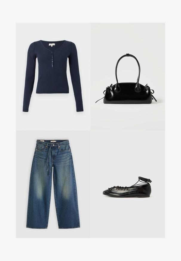 Marineblauw geribd shirt met lange mouwen, V-hals en vierknopsbies aan de voorkant tegen een witte achtergrond.; Denim wide-leg jeans in donkerblauw met een vervaagd ontwerp, voorzien van een trekkoord in de taille en vijf zakken.; Zwarte ballerina's van lakleer met een afgeronde neus, veterdesign en een platte zool. Glad oppervlak met minimale details.; Kleine zwarte glanzende handtas met twee lange hengsels en zijkant trekkoord details op een effen lichte achtergrond.