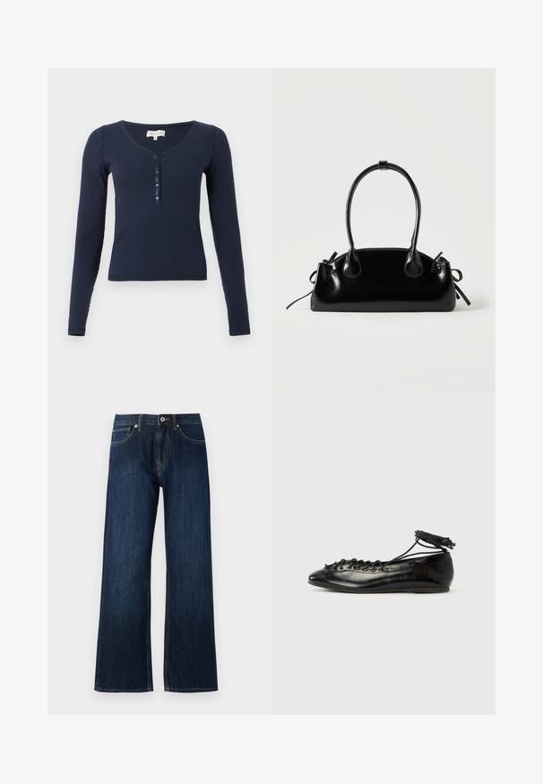 Camiseta azul marino de manga larga con canalé, cuello en V y tapeta con cuatro botones en la parte delantera sobre fondo blanco.; Pantalones vaqueros de pierna ancha de color azul oscuro, hechos de denim, con cremallera, cierre de botón y dos bolsillos frontales con costuras en contraste.; Zapatos planos tipo ballet de charol negro con punta redondeada, diseño con cordones y suela plana. Textura lisa con detalles mínimos.; Pequeño bolso negro brillante con dos asas largas y detalles de cordón lateral sobre un fondo claro liso.