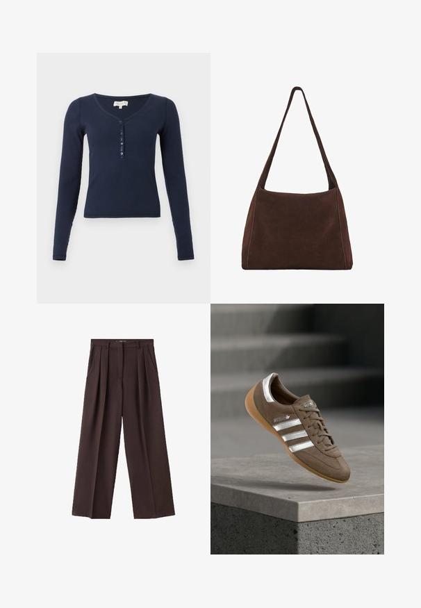 Chemise bleu marine côtelée à manches longues avec un col en V et une patte de boutonnage à quatre boutons sur fond blanc.; Pantalons larges bruns en tissu texturé, avec des plis à l'avant, des poches latérales et un design de taille classique.; Baskets en daim marron avec des rayures blanches et des accents argentés, dotées d'une tige texturée, d'un système de laçage et d'une semelle en caoutchouc gomme.; Sac à bandoulière en daim marron avec une large sangle, de forme rectangulaire, texture douce et détails de couture minimalistes sur les côtés.
