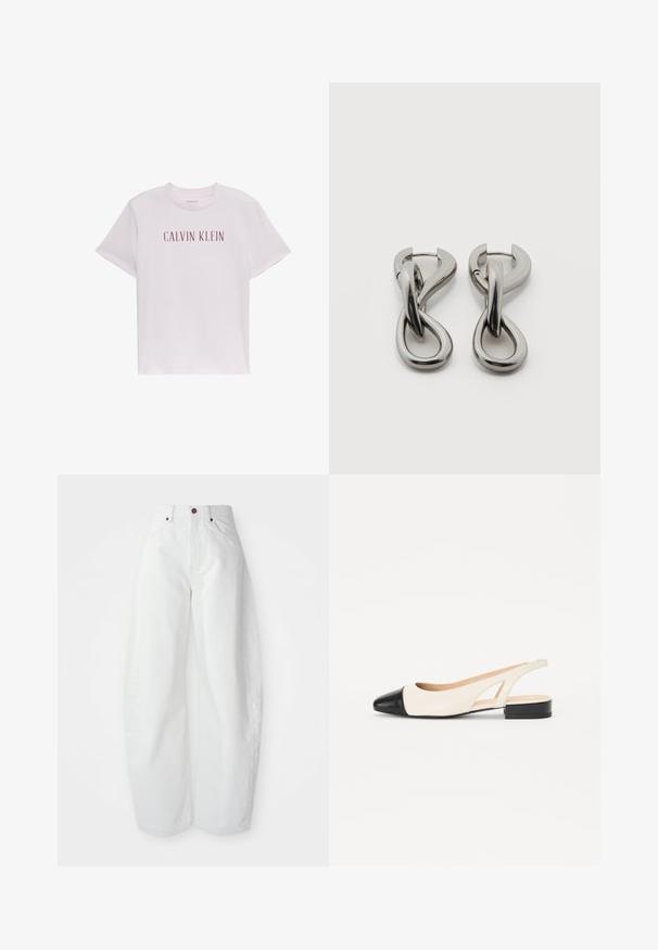 T-shirt blanc à manches courtes Calvin Klein avec col rond et nom de la marque imprimé en grandes lettres rouge foncé sur la poitrine.; Pantalons en denim blancs taille haute avec une coupe ample. Dotés d'une fermeture à bouton, de poches latérales et d'un design minimaliste. Texture lisse.; Chaussure slingback avec un dessus crème et un embout noir brillant. Elle présente un petit talon carré et des découpes sur les côtés.; Paire de boucles d'oreilles en métal argenté avec un motif abstrait d'anneaux entrelacés sur fond blanc.