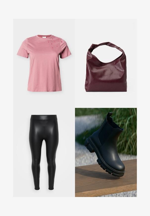 Weiches, rosa T-Shirt mit kurzen Ärmeln, rundem Ausschnitt und kleinen, dunkleren rosa Herzmotiven, die auf der rechten Schulter und dem Ärmel verteilt sind.; Schwarze Leggings aus einem glatten, glänzenden Material. Hoher Bund, enganliegendes Design und keine sichtbaren Nähte oder Muster.; Schwarze Leder Chelsea-Stiefel mit dicker profilierter Sohle, die über einer Holzoberfläche schwebt, im Hintergrund sind unscharfe Pflanzen und Kies zu sehen.; Bordeauxfarbene Tasche mit einer strukturierten, gewebten Musterung, weichem Leder und einem einzelnen, verknoteten Griff. Geräumiges Hobo-Design.