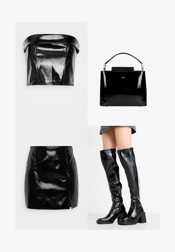 Gina Tricot TUBE - Μπλούζα - black; Μαύρη μίνι φούστα από γυαλιστερό υλικό. Διαθέτει πλαϊνό φερμουάρ και σχισμή στη δεξιά πλευρά για πρόσθετη λεπτομέρεια και σχέδιο. Λείος υφή.; Μαύρες, γυαλιστερές μπότες ως το γόνατο με τετράγωνη μύτη και χοντρό τακούνι. Διαθέτουν πλαϊνό φερμουάρ και εφαρμοστή, υφασματική σχεδίαση.; Μαύρη πατενταρισμένη δερμάτινη τσάντα με δομημένο σχέδιο, που διαθέτει λαβή από πάνω, χρυσές μεταλλικές λεπτομέρειες και μικρή εμπρόσθια καπάκη.