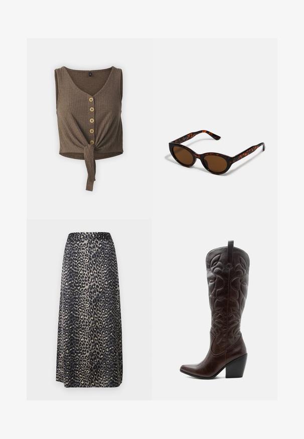 Brauner gerippter Crop-Top mit V-Ausschnitt, einem vorderen Knoten-Detail und fünf Holzknopf-Akzenten in der Mitte. Weicher Stoff.; Ein Midikleid aus Leopardenmuster mit glattem Stoff, einer Schwarz-Beige-Farbkombination und einer geraden Silhouette mit einem Bund.; Hoher dunkelbrauner Leder-Cowboystiefel mit gestickten dekorativen Mustern, spitzer Spitze und gestapeltem Blockabsatz.; Braune Schildpatt-Sonnenbrille mit einer Vintage-Cat-Eye-Form und braunen Gläsern. Verfügt über gebogene Bügel mit roten Akzenten.