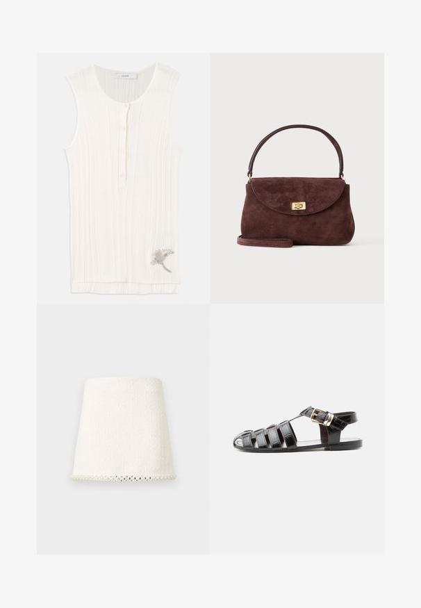 Débardeur sans manches en tissu blanc cassé, avec un devant boutonné et un détail de broderie florale métallique à l'ourlet.; Mini-jupe blanche texturée à coupe droite, avec une bordure perlée le long de l'ourlet inférieur.; Sandale de pêcheur en cuir noir avec bout ouvert, multiples brides et fermeture à boucle dorée sur une semelle plate, vue de profil.; Petit sac à main en daim marron avec un rabat courbe, une fermeture à tour dorée, une poignée courte et une bandoulière optionnelle sur un fond uni.