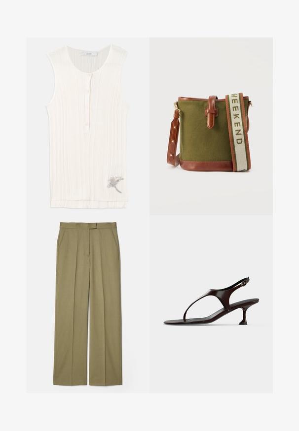 Ermeløs, ribbet tanktop i off-white stof, med knaplukning foran og metallisk blomsterbroderi ved kanten.; Kaki plisserede bukser med lige ben, lavet af struktureret stof, med to sidelommer og en glat talje.; Mørkebrun laklædersandal med rem bagpå, lille hæl og tårem på hvid baggrund.; Grøn lærreds-spandtaske med brun læderbesætning og justerbar rem med teksten "WEEKEND" på stofbånd.