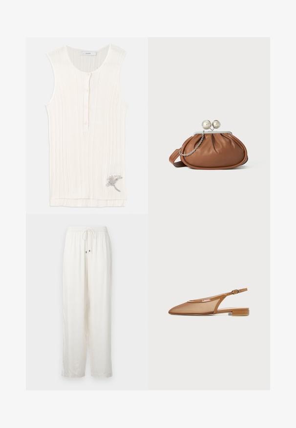 Débardeur sans manches en tissu blanc cassé, avec un devant boutonné et un détail de broderie florale métallique à l'ourlet.; Pantalons blancs légers et amples avec une taille élastique et un cordon de serrage. Présente un subtil éclat et un design à jambe droite.; Chaussure plate à bride arrière marron avec bout pointu, fine bride avec boucle et petit talon bloc sur fond blanc.; Pochette en cuir marron avec un fermoir à boule en argent et un petit détail en chaîne argentée sur fond blanc.