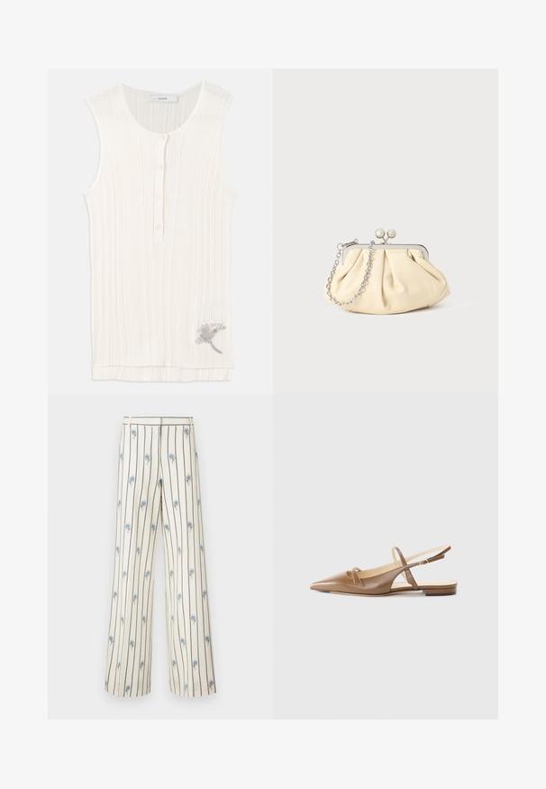 Ermeløs, ribbet tanktop i off-white stof, med knaplukning foran og metallisk blomsterbroderi ved kanten.; Vide bukser lavet af cremefarvet stof med lodrette mørke striber og små blå blomsterbroderier over det hele. Har en skræddersyet talje.; Brune lædersandaletter med spidse tæer, to smalle stropper og en lav hæl. Glat tekstur med en poleret finish.; Plisseret beige læderclutch med en sølvmetalramme, der har to runde dekorative låse og en sølvkædetrasporte.