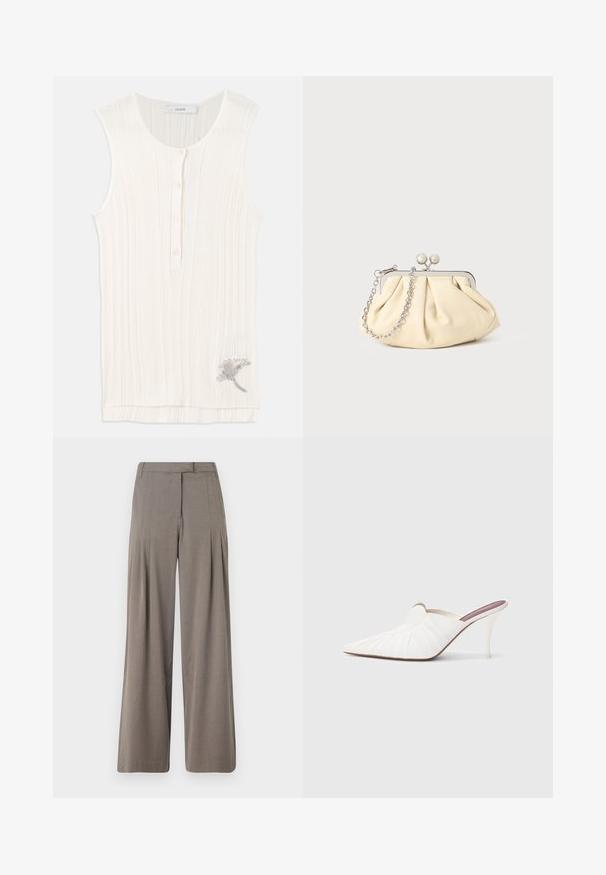 Débardeur sans manches en tissu blanc cassé, avec un devant boutonné et un détail de broderie florale métallique à l'ourlet.; Pantalons à jambe large en tissu marron clair, dotés de plis, d'un devant plat et d'un ourlet net. Texture lisse avec un léger éclat.; Mules blanches à bout pointu, texture plissée sur le dessus, et talon stiletto fin. Surface lisse et design minimaliste.; Pochette en cuir beige plissé avec un cadre en métal argenté, dotée de deux fermoirs ronds décoratifs et d'une chaîne en argent.