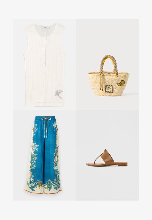 Débardeur sans manches en tissu blanc cassé, avec un devant boutonné et un détail de broderie florale métallique à l'ourlet.; Pantalon large bleu avec des motifs floraux de bordure en vert, orange et blanc, doté d'une taille élastique et d'un cordon de serrage rayé.; Sandale plate marron avec une large bride et une fine lanière en forme de tongs ornée d'un nœud sur le dessus, sur fond gris clair uni.; Sac cabas en paille tissée avec des anses tressées jaunes et beige, décoré d'un patch banane et d'un petit motif poisson encadré à l'avant.