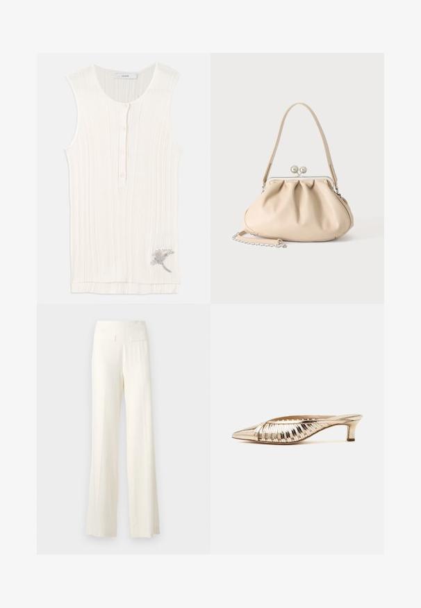 Débardeur sans manches en tissu blanc cassé, avec un devant boutonné et un détail de broderie florale métallique à l'ourlet.; Pantalons larges en ivoire avec un tissu texturé, présentant de subtils rayures verticales et deux poches arrière.; Mule métallisée dorée à bout pointu, petit talon kitten et motif rayé découpé sur le dessus.; Sac à main en cuir souple beige avec un fermoir en métal argenté, une bandoulière simple et une bandoulière chaîne optionnelle sur fond blanc.