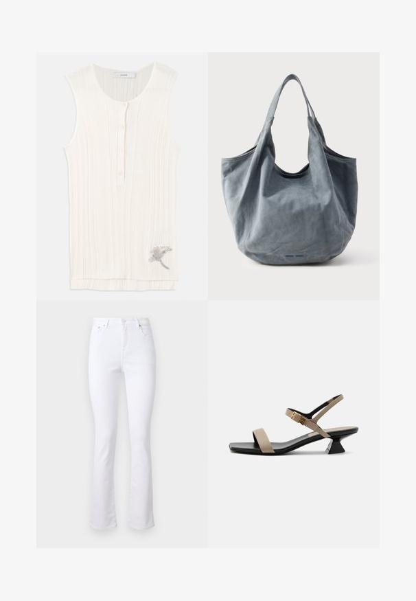 Varrukateta, ribatigi särk off-white värvuses, millel on nööpidega esiosa ja metallist lilleline tikand allääres.; Valged denim lõikega flared teksad kõrge vöökohaga, neli taskut ja eesmine nööpkinne. Omab siledat tekstuuri ja puhtaid ääriseid.; Beežide ja mustade värvidega madala kontsaga naiste sandaal ruudukujulise esiküljega, pahkluu rihmaga ja kuldse pandlaga valgel taustal.; Pehmeast hallist seemisnahast käekott avatud ülaosaga, struktureeritud siluetiga ja kahe kaarekujuga sangaga. Omadusteks on õmblusteta viimistlus ja sile tekstuur.