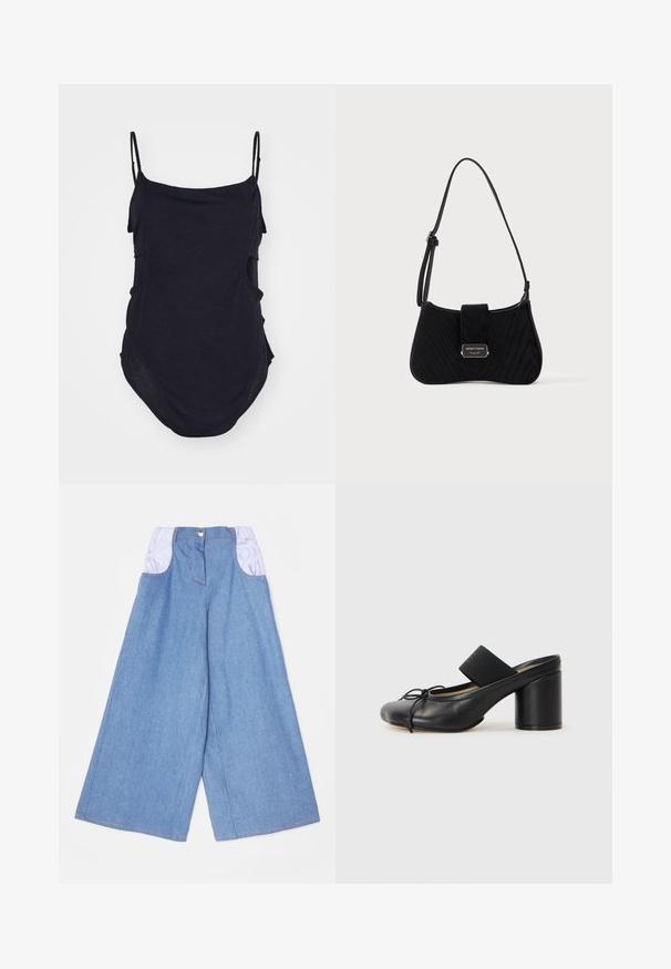 Haut sans manches noir avec des bretelles fines, fabriqué en tissu doux. Présente des côtés drapés et un ourlet arrondi pour un ajustement décontracté.; Pantalons en denim à jambes larges bleu clair avec des poches élastiques violet clair contrastées. Présente une fermeture à bouton sur le devant et des coutures visibles.; Mules noires à talons avec un bout rond, fabriquées en cuir lisse. Dotées d'une bande élastiquée et d'un talon cylindrique proéminent.; Petit sac à épaule noir avec une fine bandoulière ajustable, fermeture à rabat et plaque logo argentée au centre avant.