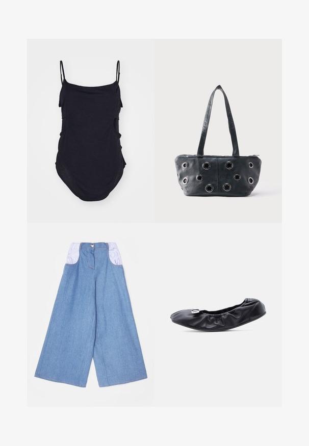 Haut sans manches noir avec des bretelles fines, fabriqué en tissu doux. Présente des côtés drapés et un ourlet arrondi pour un ajustement décontracté.; Pantalons en denim à jambes larges bleu clair avec des poches élastiques violet clair contrastées. Présente une fermeture à bouton sur le devant et des coutures visibles.; Chaussure plate en cuir noir avec un bout arrondi et un design froncé le long de l'ouverture. Présente un détail discret en métal argenté sur le devant.; Sac à main en cuir noir avec deux poignées et plusieurs œillets en métal argenté sur le panneau avant, posé sur un fond clair uni.