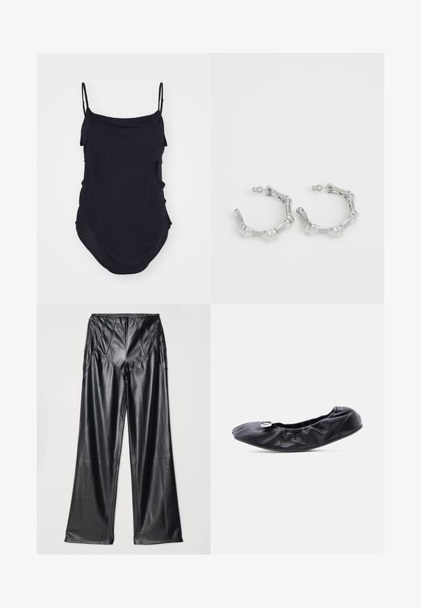Haut sans manches noir avec des bretelles fines, fabriqué en tissu doux. Présente des côtés drapés et un ourlet arrondi pour un ajustement décontracté.; Pantalons en simili cuir noir avec une texture lisse, des jambes larges et des coutures le long de la taille et des côtés. Présentation à plat.; Chaussure plate en cuir noir avec un bout arrondi et un design froncé le long de l'ouverture. Présente un détail discret en métal argenté sur le devant.; Boucles d'oreilles en argent avec un design texturé et bosselé. Fabriquées en métal, elles disposent d'une fermeture à tige sécurisée et d'une finition polie.