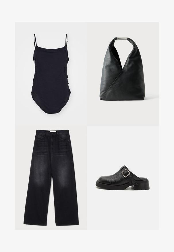 Schwarzes ärmelloses Top mit dünnen Trägern, aus weichem Stoff gefertigt. Mit drapierten Seiten und einem abgerundeten Saum für eine lockere Passform.; Mother THE SPINNER ZIP SNEAK - Jeans Relaxed Fit - black; Schwarze Lederclogs mit strukturierter Oberfläche, verstellbarem Schnallenriemen und einem stabilen Absatz. Glatte, runde Zehenform mit einer soliden schwarzen Sohle.; Schwarze Lederhandtasche mit weicher dreieckiger Form und silbernem Metallverschlussgriff auf einfachem weißem Hintergrund.