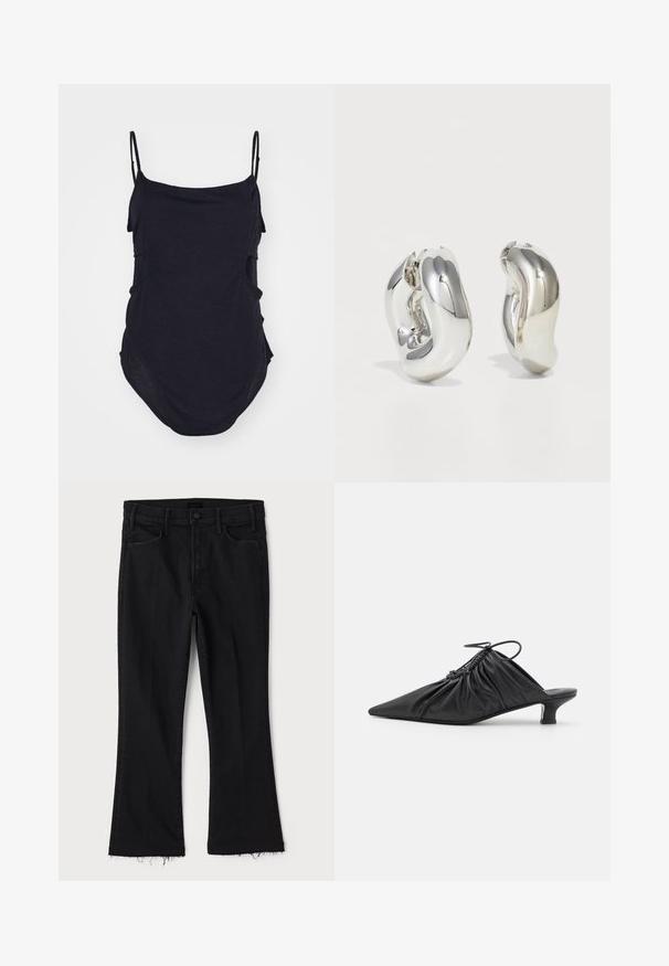 Top negro sin mangas con tirantes finos, hecho de un tejido suave. Presenta lados drapeados y un dobladillo redondeado para un ajuste relajado.; Mother LIL HUSTLER FRAY - Vaqueros bootcut - black denim; Mules negros de cuero sin hebillas con punta afilada, textura recogida y un pequeño tacón de gato. Presentan un detalle de cordón en la abertura.; Pendientes escultóricos de plata con formas suaves y curvas y superficies reflectantes. Presentan un diseño de aro cerrado y una forma orgánica distintiva.