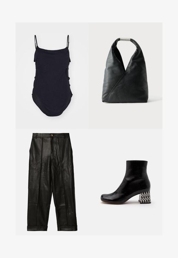 Top negro sin mangas con tirantes finos, hecho de un tejido suave. Presenta lados drapeados y un dobladillo redondeado para un ajuste relajado.; AERON ZIMA PANTS - Pantalón de cuero - black; Botín negro de charol con puntera cuadrada y tacón grueso con diseño geométrico en blanco y negro.; Bolso de cuero negro con una forma triangular suave y un asa con cierre metálico plateado sobre un fondo blanco liso.