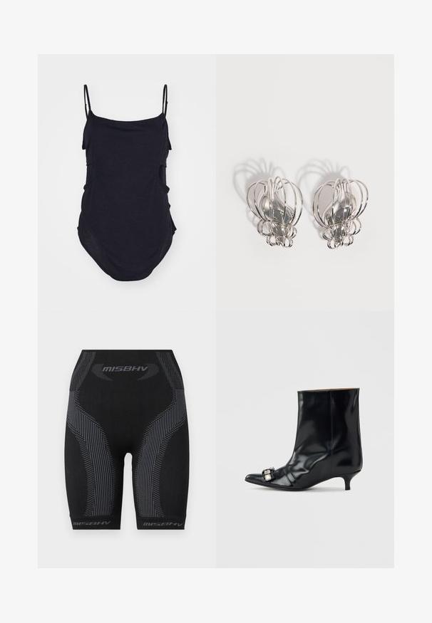 Haut sans manches noir avec des bretelles fines, fabriqué en tissu doux. Présente des côtés drapés et un ourlet arrondi pour un ajustement décontracté.; Shorts de sport noirs avec une coupe ajustée, un tissu texturé, des rayures verticales grises et le logo "MISBHV" au bas.; Bottine en cuir noir avec bout pointu, petit talon kitten bas et boucle décorative en argent sur le côté près de l'orteil.; Paire de boucles d'oreilles en métal argenté avec un design en cage à fil ouvert et des formes ovales centrales lisses projetant des ombres courbes sur un fond blanc.