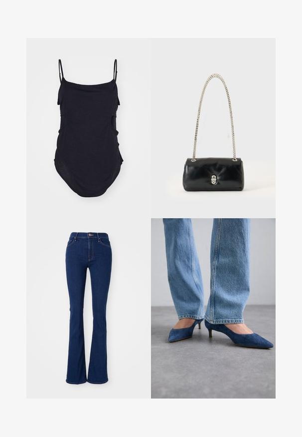Zwarte mouwloze top met dunne bandjes, gemaakt van zachte stof. Heeft gedrapeerde zijkanten en een ronde zoom voor een ontspannen pasvorm.; Uitlopende donkerblauwe jeans van katoen denim, hoog in de taille met vijf zakken, subtiele stikdetails en een gladde afwerking.; Blauwe suède kittenheels met spitse neuzen en een lage hak, gecombineerd met lichtblauwe denim jeans met een rechte pasvorm.; Zwarte leren handtas met een zilveren kettingriem en een zilveren sluiting, gepresenteerd tegen een effen lichte achtergrond.