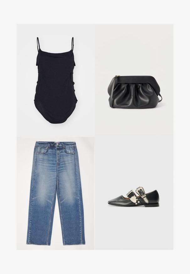 Black sleeveless top with thin straps, made of soft fabric. Features draped sides and a rounded hem for a relaxed fit.; Blue denim jeans with a relaxed fit, faded front, five pockets, and a button closure. Features a silver button and contrasting stitching.; Black leather flat shoe with pointed toe, silver buckle accents, and decorative rivets. Features a low heel and smooth texture.; Black leather clutch bag with a structured frame, gathered detailing, and a slim wrist strap on a white background.