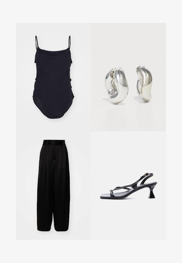 Schwarzes ärmelloses Top mit dünnen Trägern, aus weichem Stoff gefertigt. Mit drapierten Seiten und einem abgerundeten Saum für eine lockere Passform.; By Malene Birger PISCALI - Stoffhose - black; Schwarze Ledersandale für Damen mit dünnen Riemen, quadratischer Spitze, verstellbarer Schnalle am Knöchel und ausgestelltem, mittelhohem Absatz.; Silberne skulpturale Ohrringe mit glatten, geschwungenen Formen und reflektierenden Oberflächen. Sie verfügen über ein geschlossenes Ringdesign und eine ausgeprägte organische Form.