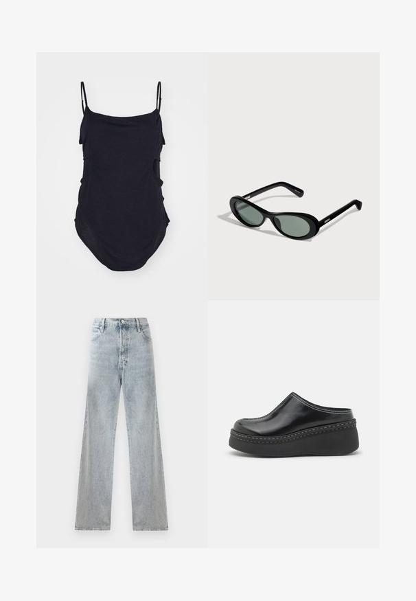 Haut sans manches noir avec des bretelles fines, fabriqué en tissu doux. Présente des côtés drapés et un ourlet arrondi pour un ajustement décontracté.; Jean en denim bleu clair avec taille haute, silhouette à jambes larges, design traditionnel à cinq poches et effets de décoloration subtils.; Sabots à plateforme noirs brillants avec un orteil arrondi, un dessus arrondi et des coutures blanches contrastantes le long du bord de la semelle.; Lunettes de soleil ovales noires avec verres teintés et branches fines, présentées sur un fond clair avec le nom de la marque sur les branches.