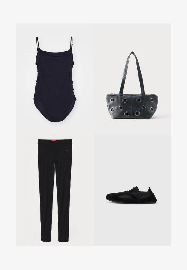 Sort ærmeløs top med tynde stropper, lavet af blødt stof. Har draperede sider og en afrundet kant for en afslappet pasform.; Sorte leggings lavet af glat stof, med høj talje og subtil branding på forsiden. Leggings har en slank, tætsiddende pasform.; Sort letvægts-sneaker med ruskindsdetaljer, elastisk ankel og tynd sål, vist i profil på en ensfarvet baggrund.; Sort læderhåndtaske med to håndtag og flere sølvfarvede metaløjer på frontpanelet, sat mod en ensartet lys baggrund.