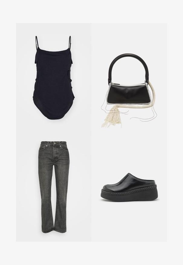Schwarzes ärmelloses Top mit dünnen Trägern, aus weichem Stoff gefertigt. Mit drapierten Seiten und einem abgerundeten Saum für eine lockere Passform.; Schwarze hochtaillierte Jeans mit geradem Bein. Merkmale das klassische Fünf-Taschen-Design und silberne Hardware. Strukturierter Denim-Stoff.; Schwarze, glänzende Plateauclogs mit runder Spitze, geschwungenem Oberteil und kontrastierendem weißen Stich entlang der Kante der Sohle.; Schwarze Ledertasche mit einem runden Griff, silbernem Reißverschluss, weißem Fellbesatz und einem langen cremefarbenen Quast, der vorne angebracht ist.