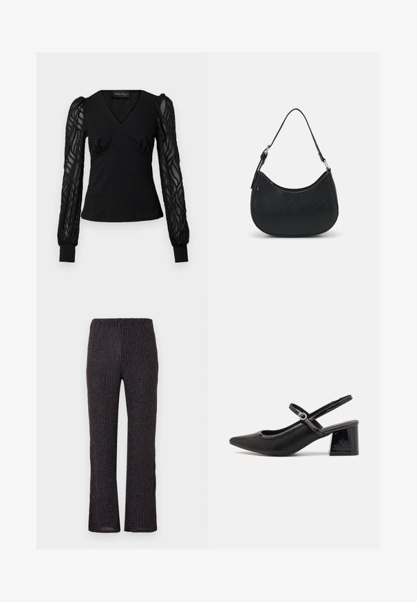 Top negro con escote en V y cuerpo ajustado, con mangas largas transparentes y texturizadas y terminaciones con puños. Tejido suave con detalles fruncidos.; Pantalones negros acanalados con una cintura elástica, que cuentan con un corte de pierna recta y sutiles destellos iridiscentes por todo el tejido texturizado.; Tacones slingback de charol negro con punta afilada, un diseño de corte redondeado y tacón bloque. Incluye un detalle de hebilla en tono dorado.; Bolso hobo negro hecho de cuero suave con una silueta curva, que cuenta con una sola correa ajustable y detalles de diseño minimalistas.