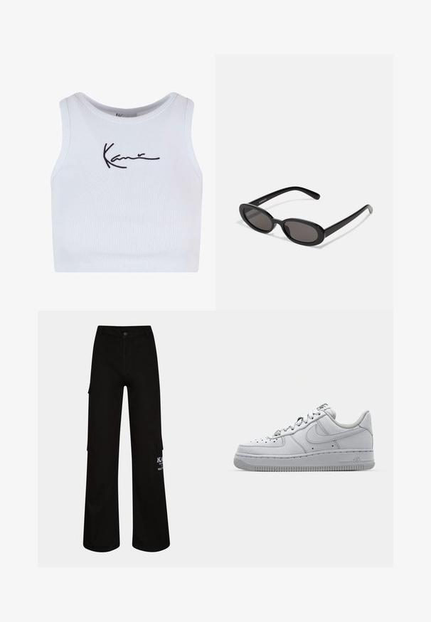 Witte geribde crop top met een ronde halslijn. Kenmerkt een zwart geborduurd handtekeningdetail. Soepele textuur en een getailleerd ontwerp.; Zwarte cargo pants met een losse pasvorm, gemaakt van duurzaam materiaal. Bevat zijzakken en witte logo-details op het been.; Witte leren sneaker met een low-top ontwerp, ronde neus, geperforeerde details en een getextureerde rubberen zool. Heeft grijze accenten op de tong.; Even&Odd by Zalando Zonnebril - black