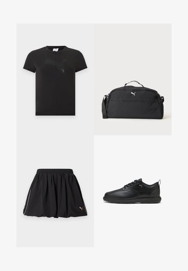 Camiseta deportiva negra de manga corta con una pequeña cremallera frontal y un sutil logo texturizado de Puma en el pecho.; Falda deportiva corta negra con cintura elástica, ribete blanco lateral y pequeño logo de Puma en el lado inferior derecho.; Zapato de cuero negro con un acabado suave, panel lateral texturizado, diseño de cordones y cuello acolchado. Presenta un logo sutil y acentos con patrón.; Bolsa de deporte negra Puma con logo blanco, asa superior, correa de hombro ajustable y bolsillos laterales de malla sobre un fondo liso.