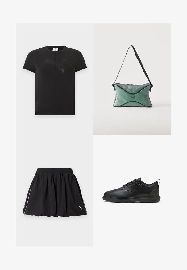 T-shirt de sport noir à manches courtes avec une petite fermeture éclair à l'avant et un logo Puma texturé subtil sur la poitrine.; Jupe courte sportive noire avec taille élastique, liseré blanc sur le côté et petit logo Puma sur le côté inférieur droit.; Chaussure en cuir noir avec une finition lisse, panneau latéral texturé, design à lacets et col rembourré. Présente un logo subtil et des accents à motifs.; Petit sac d'épaule vert irisé avec bordure noire, sangle réglable noire, fermeture éclair et logo Puma au centre avant.