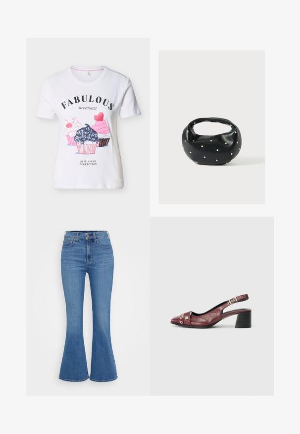 Witte kortemouws shirt met drie geïllustreerde cupcakes en de tekst "Fabulous Sweetness Bite-Sized Perfection" op de voorkant.; Lichtblauwe flared jeans met een hoge taille, gemaakt van denim. Kenmerken zijn onder andere twee voorzakken en een knoopsluiting bij de taille.; Bordeaux leren slingback schoen met een ronde neus, gebogen ontwerp, zilveren hardware accenten en een blokhak. Textuurafwerking.; Zwarte leren handtas met een afgeronde vorm, versierd met zilveren studs, en een korte handgreep. Gladde textuur en ritsluiting.