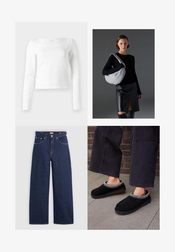 Haut ajusté à manches longues blanc avec un décolleté carré et une longueur légèrement raccourcie, présenté sur un fond blanc.; Jeans en denim bleu foncé à jambes larges avec une taille haute, dotés de cinq poches, passants de ceinture et détails de couture en cuivre. Texture lisse.; UGG TASMAN - Chaussons - black; Sac hobo de couleur gris clair, en matériau doux, de forme arrondie. Stylé avec un haut noir à manches longues et une jupe en cuir noir avec une fente à l'avant.