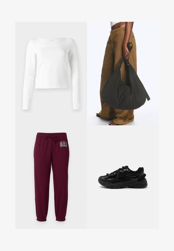 Haut ajusté à manches longues blanc avec un décolleté carré et une longueur légèrement raccourcie, présenté sur un fond blanc.; GAP Petite HERITAGE - Pantalon de survêtement - ruby wine; Baskets de sport noires avec des détails en mesh et brillants, semelle épaisse et rembourrée, fermeture à lacets, vue de profil sur fond blanc.; Personne portant un pantalon marron à jambes larges et un haut blanc tenant un grand sac à main noir souple par sa lanière à côté d'elle.