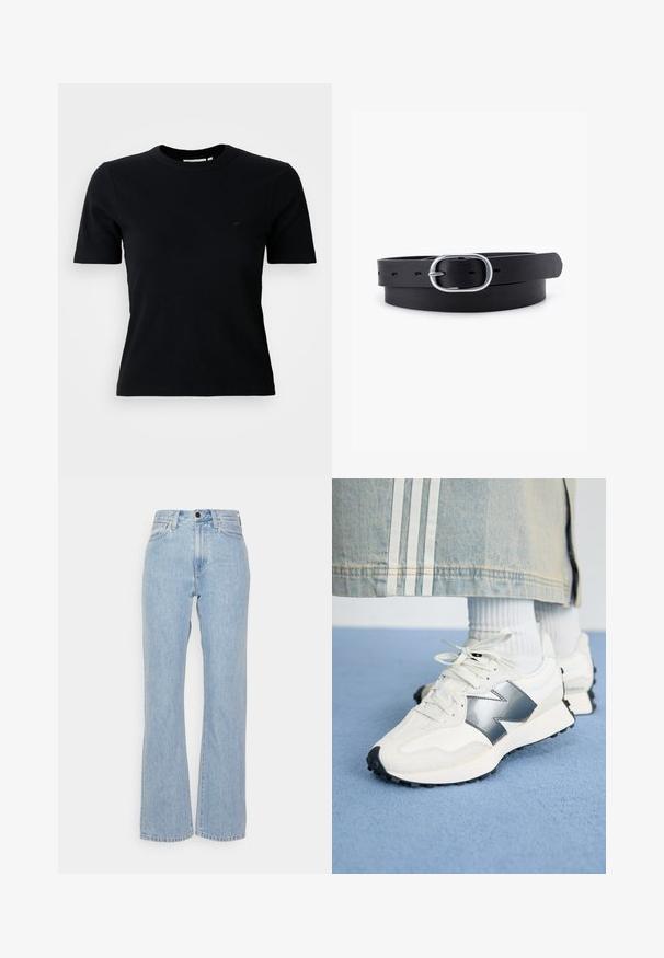 Sort ribbet kortærmet t-shirt med rund halsudskæring; har et diskret logo på brystet; lavet af et blødt, struktureret stof.; Lysblå denimjeans med høj talje, bred benudskæring, med bæltestropper, knaplukning foran og klassisk fem-lommer stil.; Hvide sportsko med sølvdetaljer, tekstureret stof og glat læder; med en sort gummisål og snørebånd.; Sort læderbælte med en glat overflade, oval sølvmetalspænde og flere justeringshuller langs stroppen. Flad, minimalistisk design.