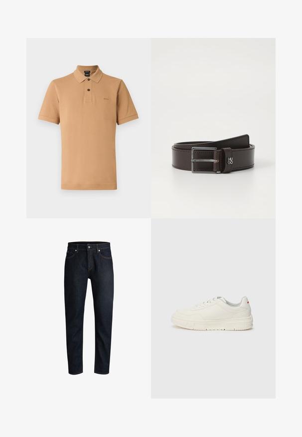 Tan kortærmet polo lavet af tekstureret stof, med en tre-knaps lukning, en spids krave og et diskret logo på brystet.; Mørkeblå denim jeans med lige snit, fem-lomme design, kontrasterende orange syninger og sølvfarvet knaplukning.; Hvide sneakers med en glat læderoverdel, rund tå, flade snørebånd og en struktureret gummisål. Der er en rød detalje på hælen.; Brun læderbælte med en glat overflade, der har en sølvfarvet, rektangulær spænde og røde syninger. Logo detaljeret på stroppen.