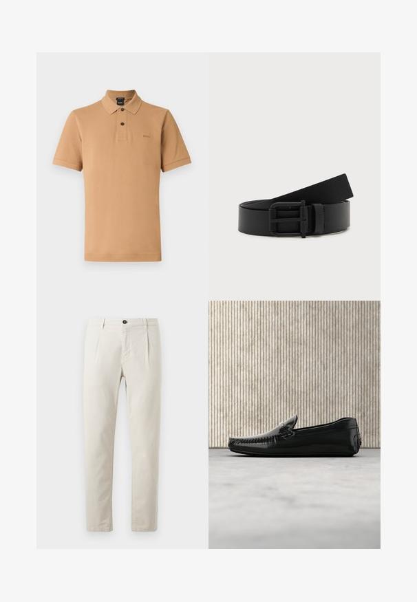 Tankleurig poloshirt met korte mouwen, gemaakt van een gestructureerde stof, voorzien van een drieknopenlijst, een puntige kraag en een subtiel logo op de borst.; Beige katoenen broek met een recht-pijpen ontwerp, uitgerust met een enkele zwarte knoopsluiting en twee voorzakken. Glad van structuur.; Zwarte leren loafers met een glanzende afwerking, ronde neus en decoratieve hardware aan de voorkant. Laag profiel rubberen zool. Gladde textuur.; Zwarte leren riem opgerold met matte zwarte metalen gesp op een witte achtergrond.