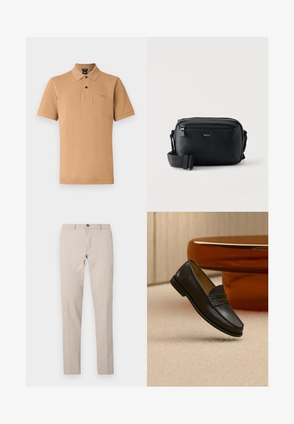 Sehr kurzärmeliges Poloshirt aus strukturiertem Stoff, mit einer Leiste mit drei Knöpfen, einem spitzen Kragen und einem dezenten Logo auf der Brust.; Beige Slim-Fit-Hose mit Gürtelschlaufen, Knopfverschluss und vorderlichem Reißverschluss, flach auf weißem Hintergrund dargestellt.; Schwarzer Leder-Loafer, der über einem hellbeigen Teppich schwebt, mit bernsteinfarbenen modernen Möbeln im Hintergrund.; Schwarze Leder-Umhängetasche mit Frontreißverschlusstasche und verstellbarem Stoffriemen, vorne mit "BOSS"-Logo.