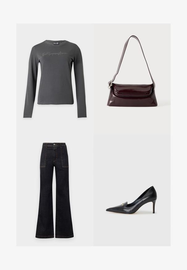 Camiseta de manga larga gris oscuro con "Ea7 Emporio Armani" escrito en pequeñas piedras de strass sobre el pecho y cuello redondo.; Vaqueros de mezclilla oscuros acampanados con una cintura alta, con costuras naranjas y dos bolsillos frontales. Textura suave, acabado limpio, diseño clásico.; Zapato de piel negra con punta afilada, escote bajo y un detalle decorativo dorado. Cuenta con un tacón de aguja y textura suave.; Bolso bandolera de cuero burdeos oscuro con cierre de solapa y una correa ajustable delgada, exhibido sobre un fondo claro y liso.