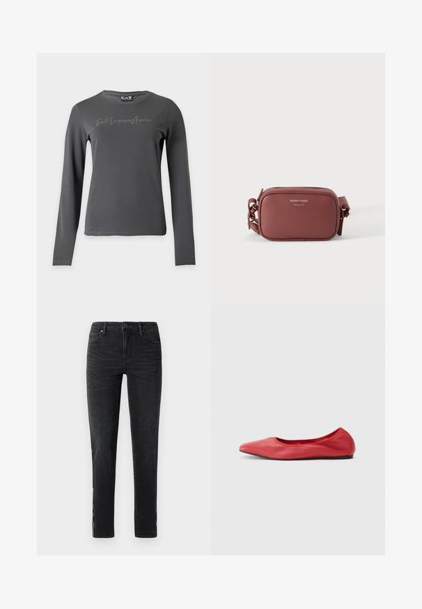 Mørkegrå langærmet skjorte med "Ea7 Emporio Armani" skrevet i små rhinsten på brystet og rund halsudskæring.; Sorte slim-fit jeans med frontknap, bæltestropper og subtile falmede detaljer langs siderne og forsiden af lårene.; Filippa K REY FLATS - Ballerinasko - bright red; Lille rektangulær brun læder crossbody taske med sølv lynlås og justerbar rem på hvid baggrund.