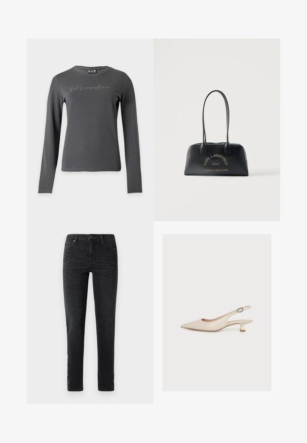Tumehall pikkade varrukatega särk, mille rinnale on kirjutatud väikesed briljantkividega "Ea7 Emporio Armani" ja ümmargune kaelus.; Mustad slim-fit teksad ees oleva nööbi, vöölõngade ja peene fade detailiga külgedel ja ees reitel.; Beež terava ninaga slingback-king, madala kitten-kontsaga ja väikese pannaliga pahkluurihmaga, näidatud lihtsal valgel taustal.; Must ristkülikukujuline käekott pikkade sangadega, esiküljel kuldse "Karl Lagerfeld Paris" ja aadressitekstiga, peal lukuga sulgumine, minimalistlik taust.