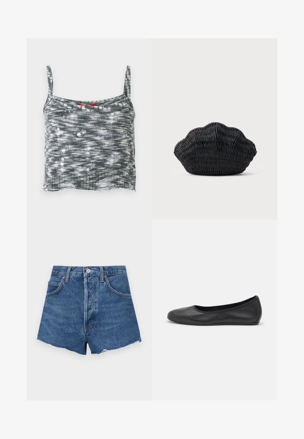 Grå strikket cropped tanktop med tynde stropper, der har et distressed design med flere huller og en løs kant. Rød detalje ved halsudskæringen.; Denim shorts i mellemblå med en frynset kant, der har forlommer og en knaplukning. Tyndt og kraftigt materiale med let falmning.; Sort læderballetsko med rund tå, glat tekstur, minimal syning og et fleksibelt såldesign.; Sort flet håndtaske formet som en muslingeskal med en buet top og flettet tekstur på en ensfarvet baggrund.