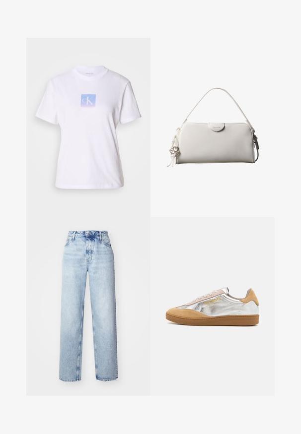 T-shirt en coton blanc avec un graphique carré pastel bleu et lavande portant les lettres "cK" centrées sur le devant. Manches courtes, col rond.; Jeans taille haute bleu clair avec une coupe ample, mettant en avant des jambes droites, cinq poches et une fermeture classique à boutons et zip.; Baskets en suède argent et beige avec une semelle en caoutchouc texturée, des lacets beiges et un logo imprimé en jaune sur le côté.; Sac à main rectangulaire blanc Calvin Klein avec une seule poignée, design minimaliste et pampilles décoratives avec un charm métallique géométrique sur le côté.
