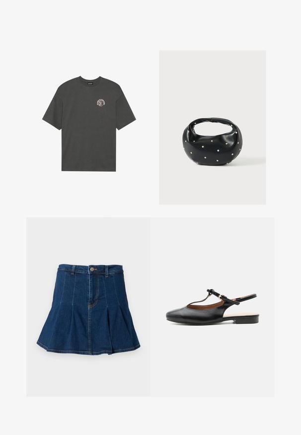 Donkergrijze katoenen t-shirt met een ronde hals, korte mouwen en een klein bedrukt ontwerp op de borst met tekst en afbeeldingen.; Donkerblauwe denim rok met een geplooid ontwerp, vijf zakken, een sluiting met een knoop aan de voorkant en contrasterende stiksels.; Zwarte leren platte slingbackschoen met T-bandje en gouden gesp op een neutrale achtergrond.; Zwarte leren handtas met een afgeronde vorm, versierd met zilveren studs, en een korte handgreep. Gladde textuur en ritsluiting.