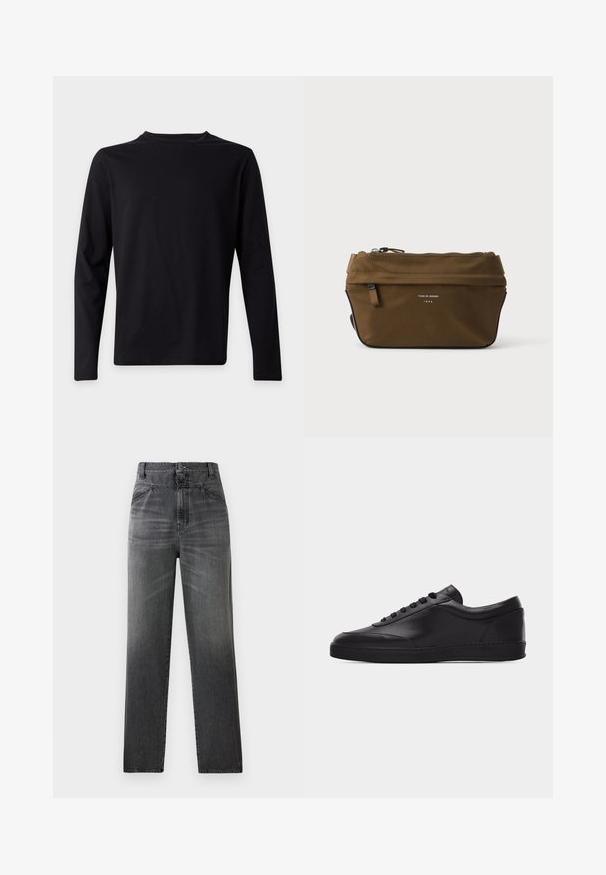 T-shirt noir uni à manches longues avec un petit logo discret sur la poitrine gauche, présenté sur un fond gris clair.; Jeans en denim gris foncé présentant une taille haute, une coupe droite, et une texture délavée avec poches avant et fermeture à un bouton.; Baskets basses en cuir noir avec lacets sur le devant et semelle en caoutchouc plate, vues de côté sur un fond blanc uni.; Trousse rectangulaire marron à fermeture éclair, avec petite poche avant et texte "Tiger of Sweden 1903" sur le devant.