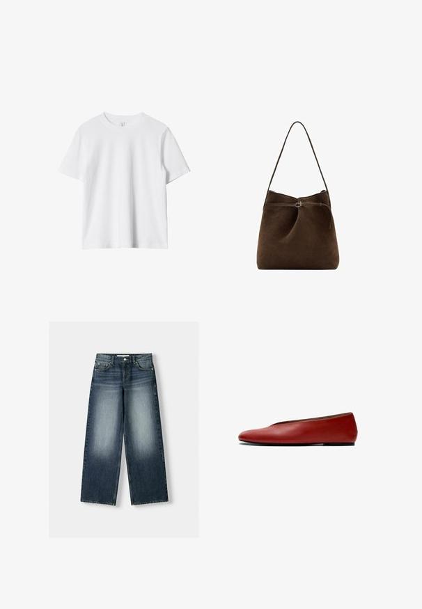 Witte katoenen T-shirt met korte mouwen, ronde hals en een relaxte pasvorm. Smooth textuur, geen patronen of accenten.; Wijdere denim jeans in donkerblauw, met een vervaagde wassing. Vijf-pocket ontwerp met een knoopsluiting en riemlussen.; Rode leren platte schoen met ronde neus en lage hak, zijwaarts afgebeeld op een witte achtergrond.; Bruine suède handtas met een gebogen ontwerp, een enkele schouderband en een decoratieve gespaccent. Soepele textuur met een minimalistische stijl.