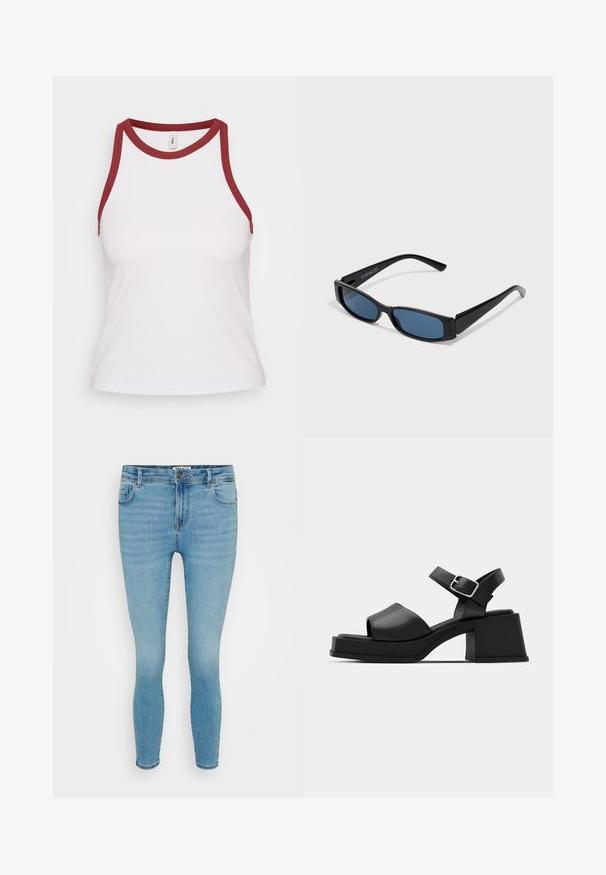 Valge ribakummiga naiste tank top burgundi kontrastse ümmarguse kaela ja käeaukudega; lähedane lõige, pehme tekstuur ja minimalistlik stiil.; Heledad sinine elastne teksapüksid slim-fit lõikega, viie taskuga disain, kerge pleekimine ning lukuga lend ja metallist nupuga sulgemine.; Mustad mustad platvormsandaalid avatud varbaga, pahkluu rihmaga ja paksu ruudukujulise kandaga. Sile tekstuur ja minimalistlik stiil.; Mustad mustad mustade, elegantsest ristkülikukujulisest raamistikust ja sinistest objektiividest. Omab siledat tekstuuri ja tugevaid templeid. Kaubamärgi logo küljel.