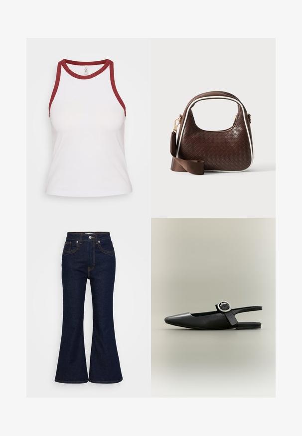 Weißes, geripptes Tanktop mit burgunderfarbenem, kontrastierendem Rundhals- und Armausschnitten; figurbetontes Design, weicher Stoff und minimalistischer Stil.; Dunkelblaue, hochtaillierte Denim-Jeans mit ausgestellten Beinen, Knopf- und Reißverschluss vorne sowie kontrastierendem orangefarbenem Nähen.; Schwarzer spitzer flacher Slingback-Schuh mit silberner Schnalle und niedrigem Absatz auf neutralem Hintergrund.; Braune gewebte Lederhandtasche mit weißer Paspel, goldenem Reißverschluss und abnehmbarem braunem Stoff-Schulterriemen.
